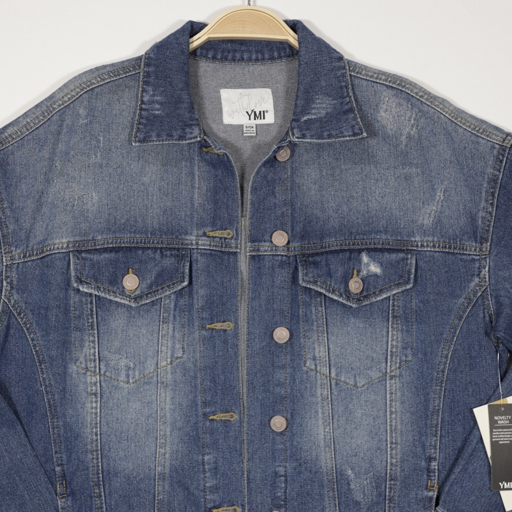 YMI Women's Distressed Oversized Denim Jacket Blue Long Sleeve Button Up Size S - Picture 2 of 8